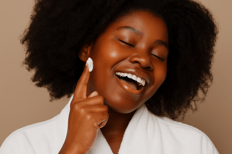 A lady adding Neeno Body Butter to her face with a smile and feeling good