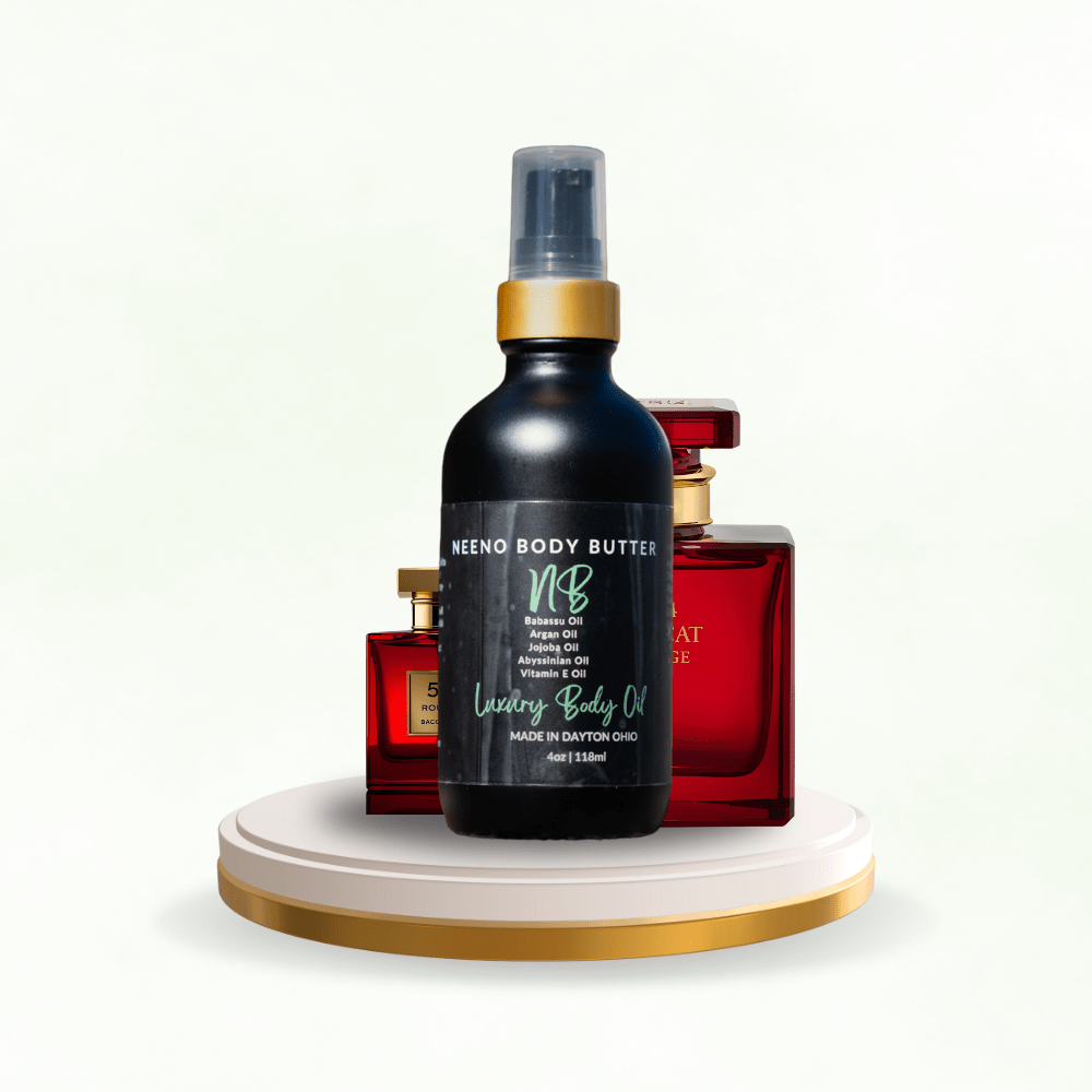 Neeno Body Butter oil on a pedestal next to a red perfume bottle