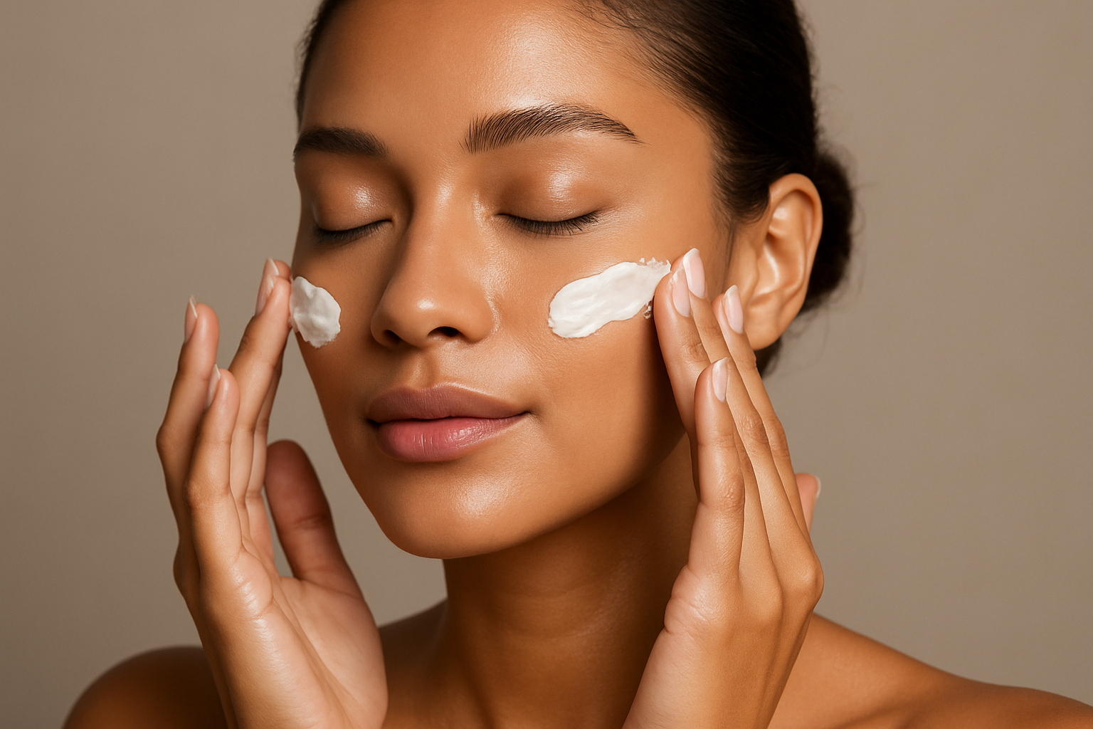 Image of a woman with beautiful skin applying face cream